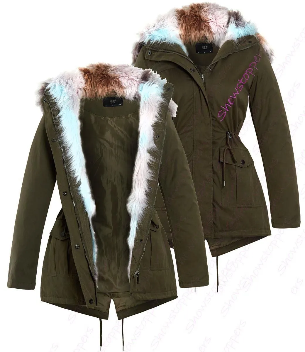 Khaki Faux Fur Hooded Parka Coat for Women - Sizes 8, 10, 12, 14, 16 Fishtail