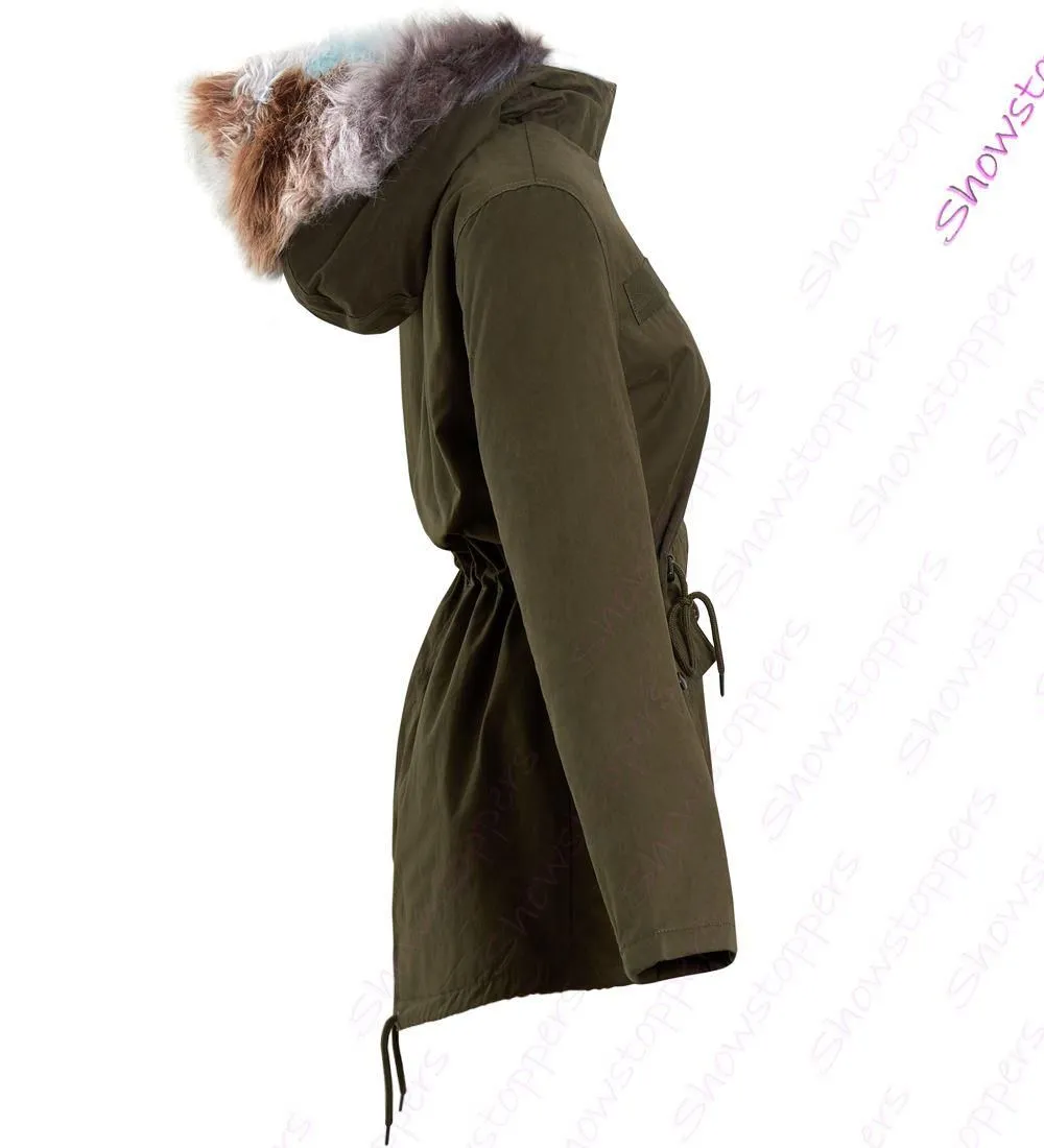 Khaki Faux Fur Hooded Parka Coat for Women - Sizes 8, 10, 12, 14, 16 Fishtail