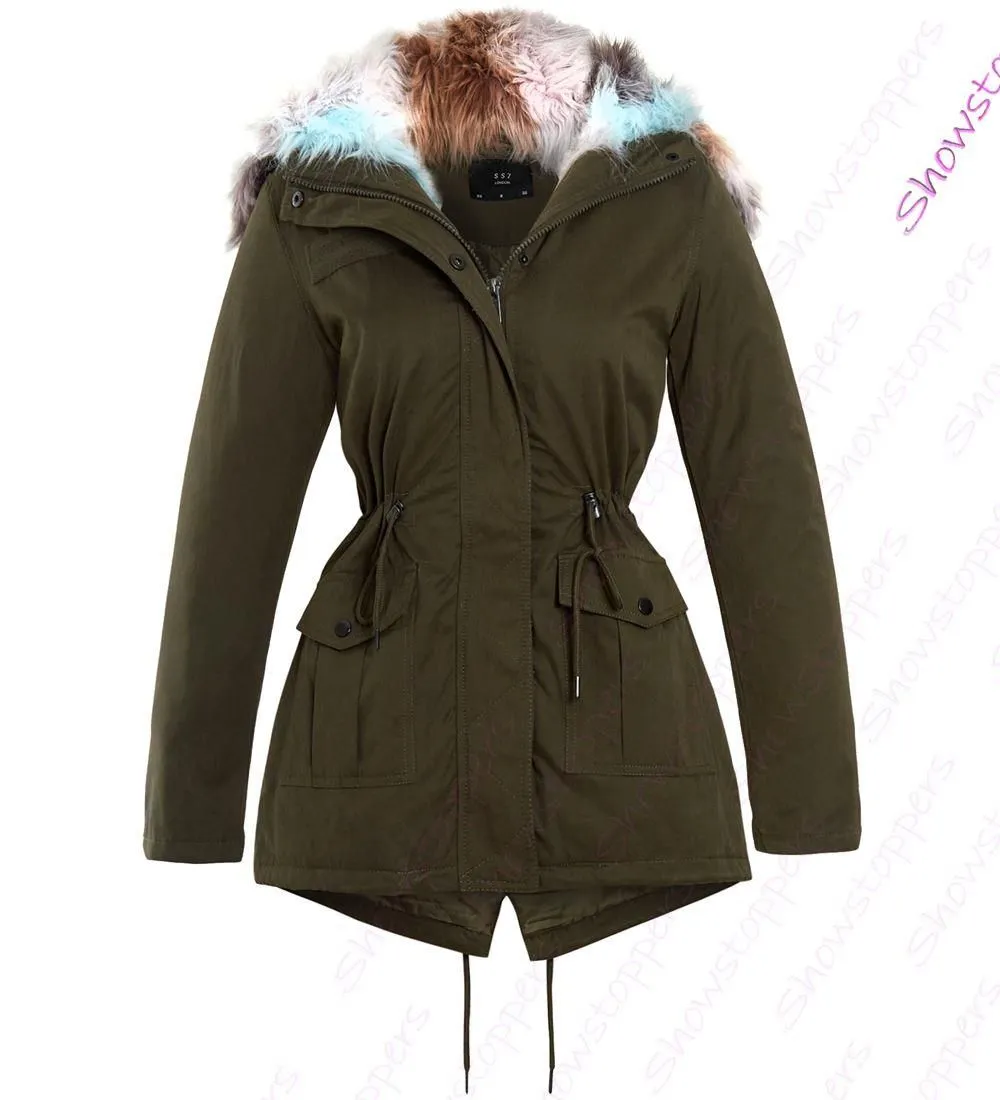 Khaki Faux Fur Hooded Parka Coat for Women - Sizes 8, 10, 12, 14, 16 Fishtail