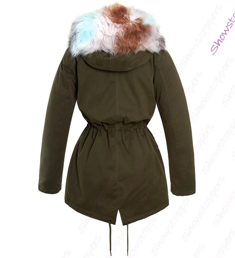 Khaki Faux Fur Hooded Parka Coat for Women - Sizes 8, 10, 12, 14, 16 Fishtail