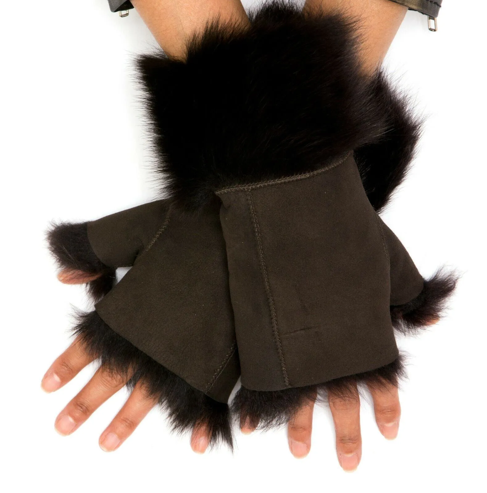 Women's Shearling Mittens Fingerless Cuffs Toscana Suede Sheepskin Fur