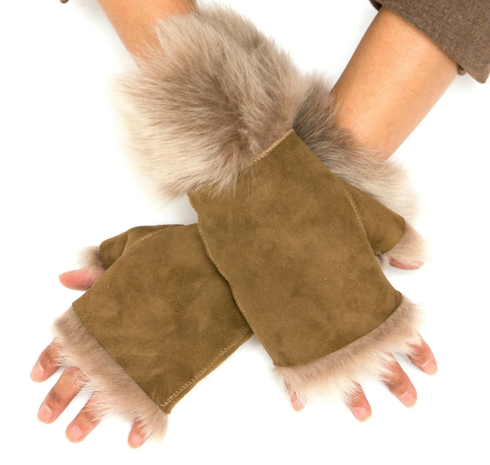 Women's Shearling Mittens Fingerless Cuffs Toscana Suede Sheepskin Fur