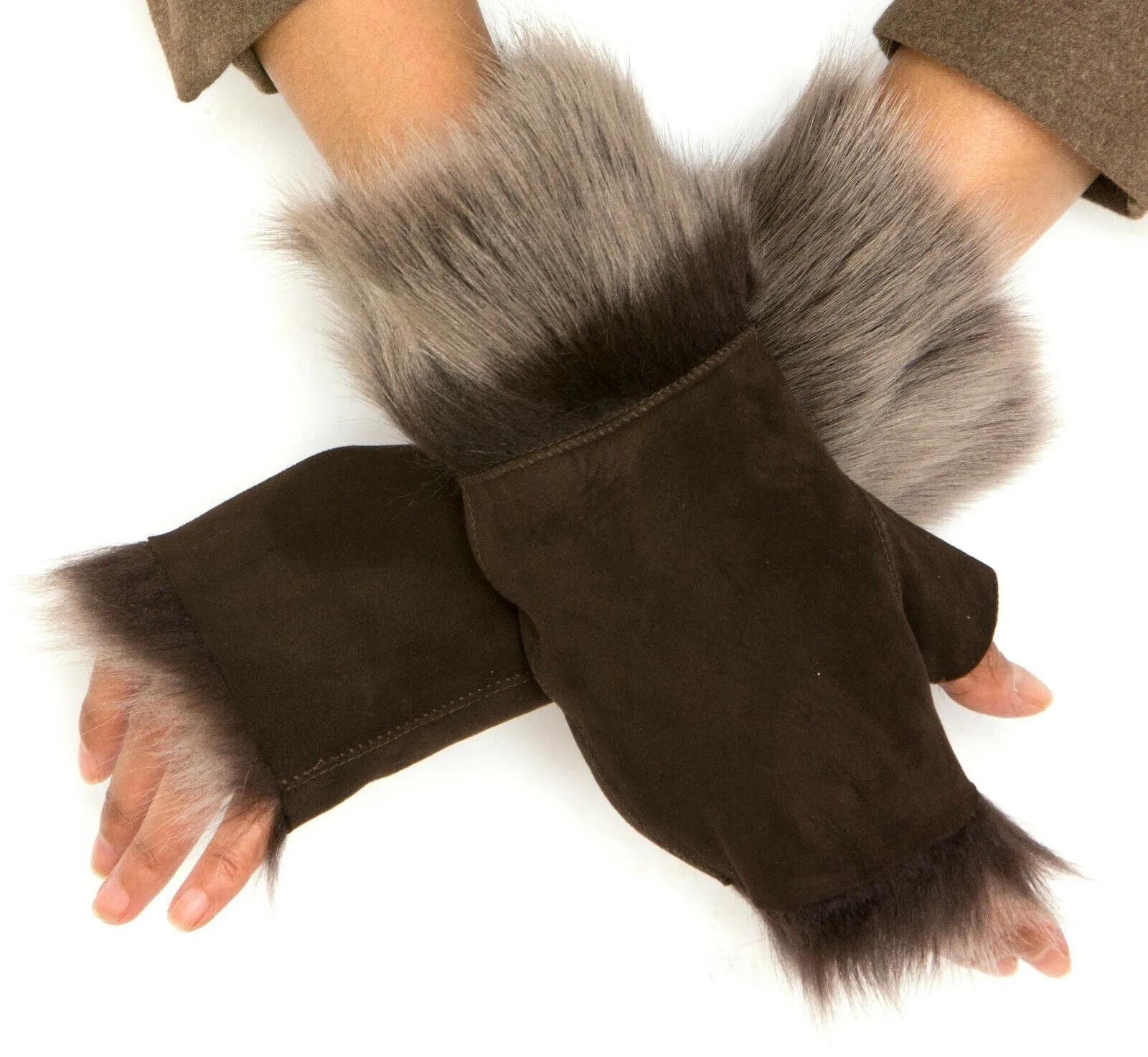 Women's Shearling Mittens Fingerless Cuffs Toscana Suede Sheepskin Fur