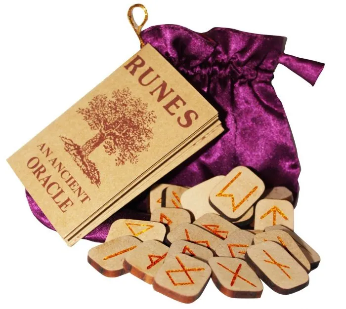 Wooden Rune Set with Purple Silk Pouch